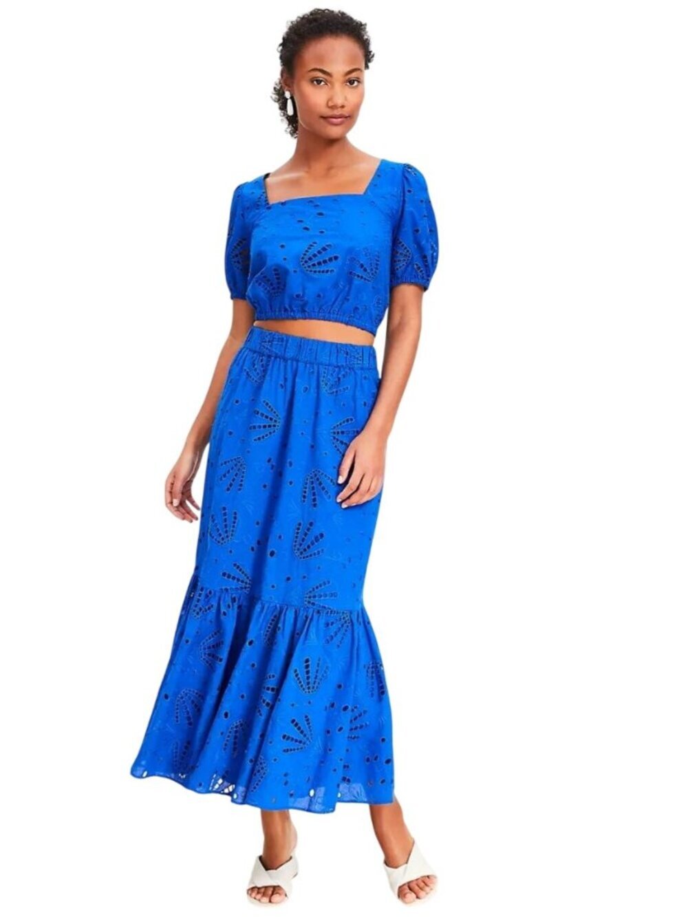 Loft 2024 Royal Blue Shell Eyelet Flounce Maxi Skirt Set Tie Back Top Size XS